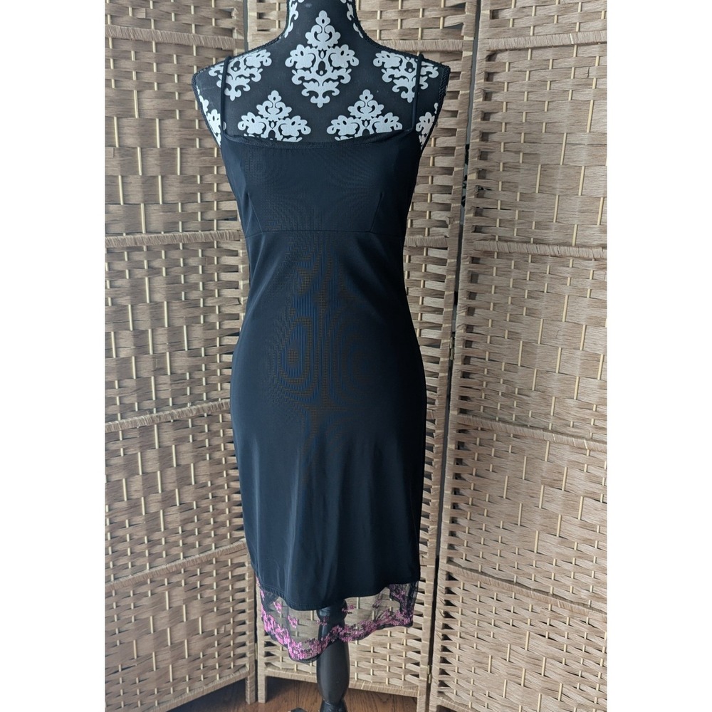 VTG Y2K City Triangles Black Slip‎ Dress Floral Lace Trim Sheer Mesh Cocktail S
